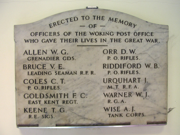 Photograph of war memorial in Woking Post Office