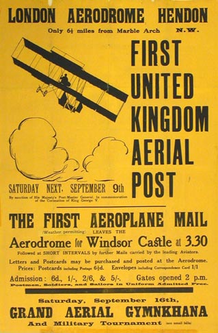 A poster advertising the first UK Aerial Post on 9 September 1911, plus a 'Grand Aerial Gymnkhana' on 16 September.