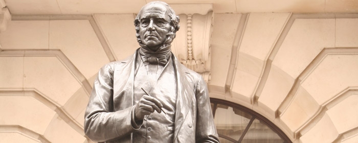 Statue of postal reformer Rowland Hill outside the former GPO Headquarters