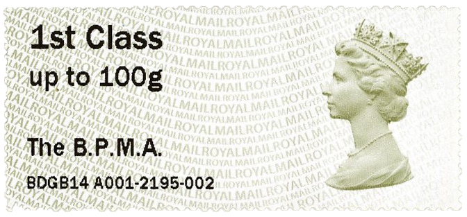 P & Go 1st Class Machin with The B.P.M.A. overprint