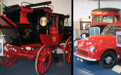 Image of mail coach and two postal vans